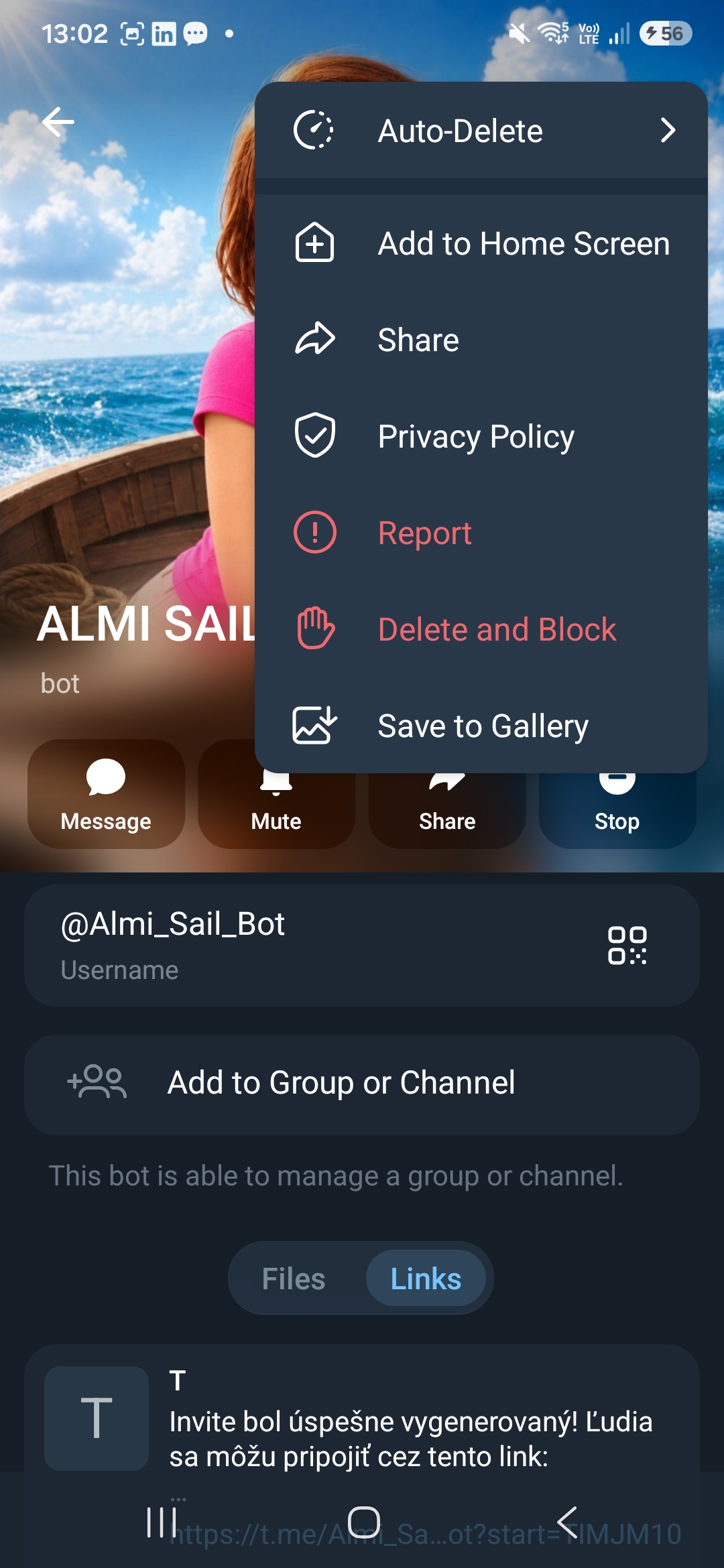 Menu po kliknutí na 3 bodky — voľba Add to Home Screen