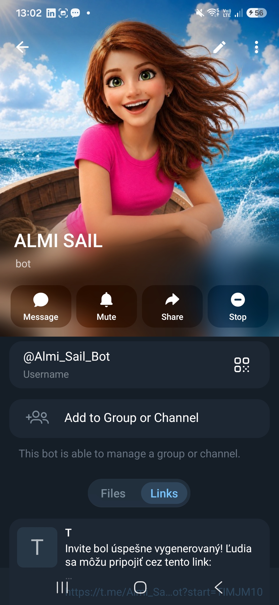 Profil ALMI v Telegrame — tlačidlá Message, Mute, Share, Stop