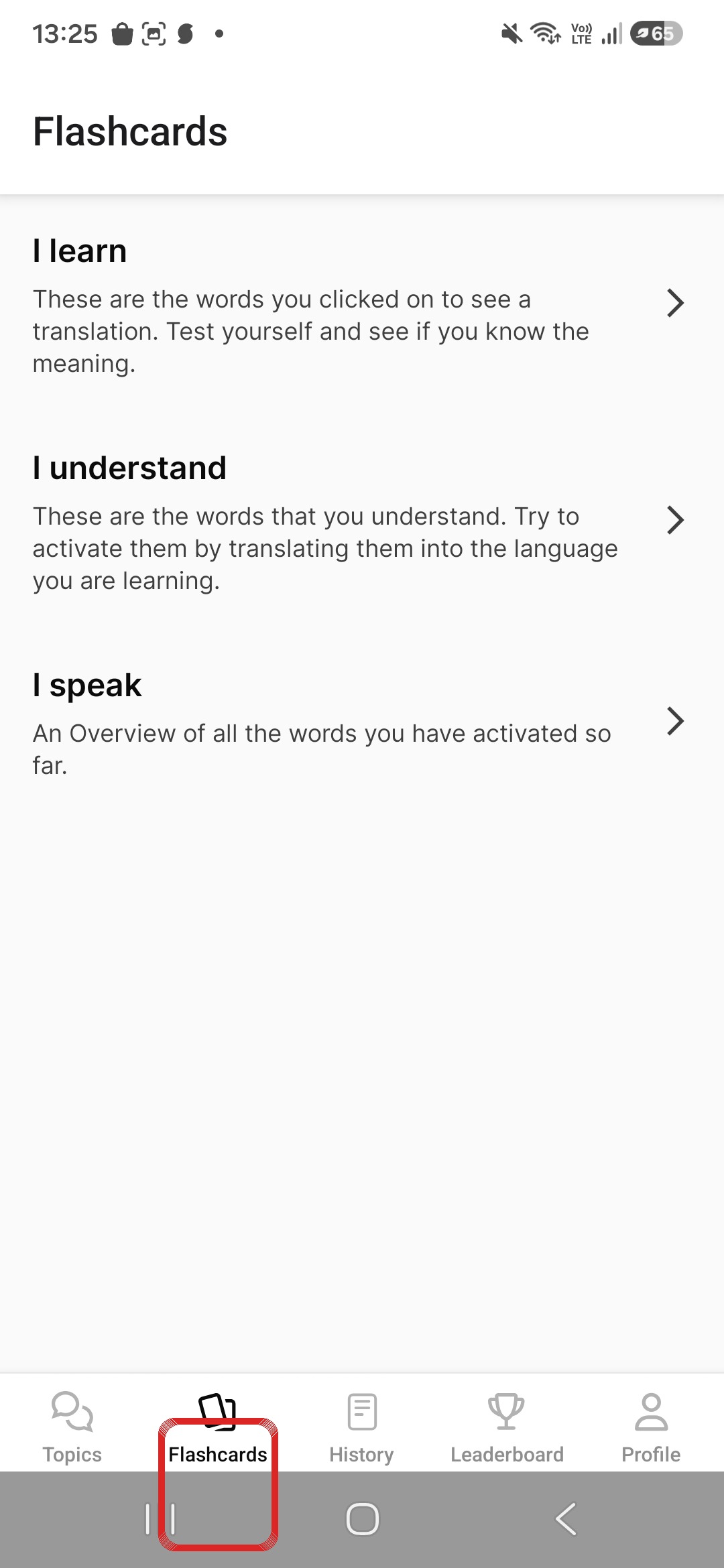 3 sekcie flashcards: I learn, I understand, I speak