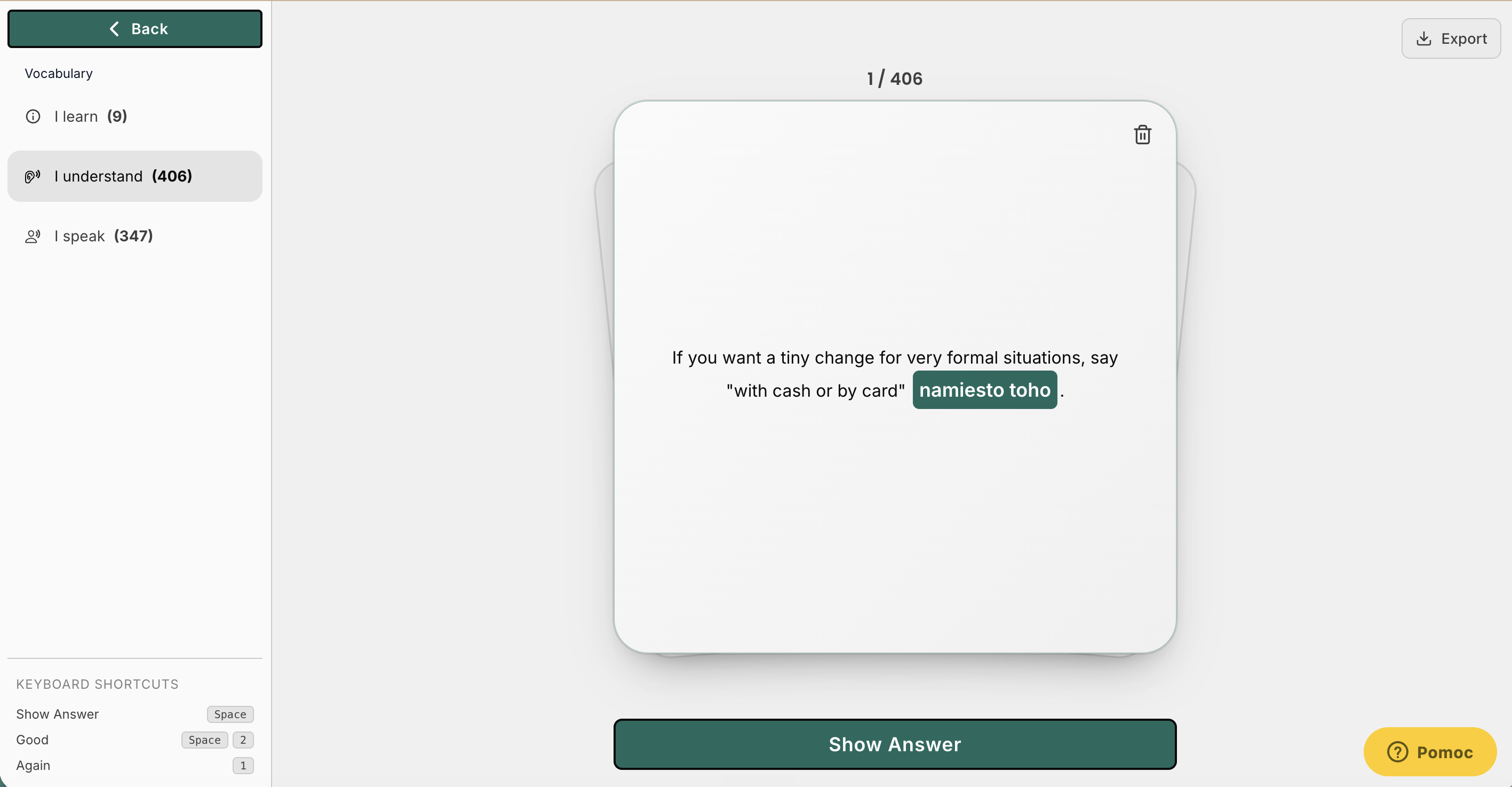 3 záložky flashcards v ľavom paneli — I learn, I understand, I speak