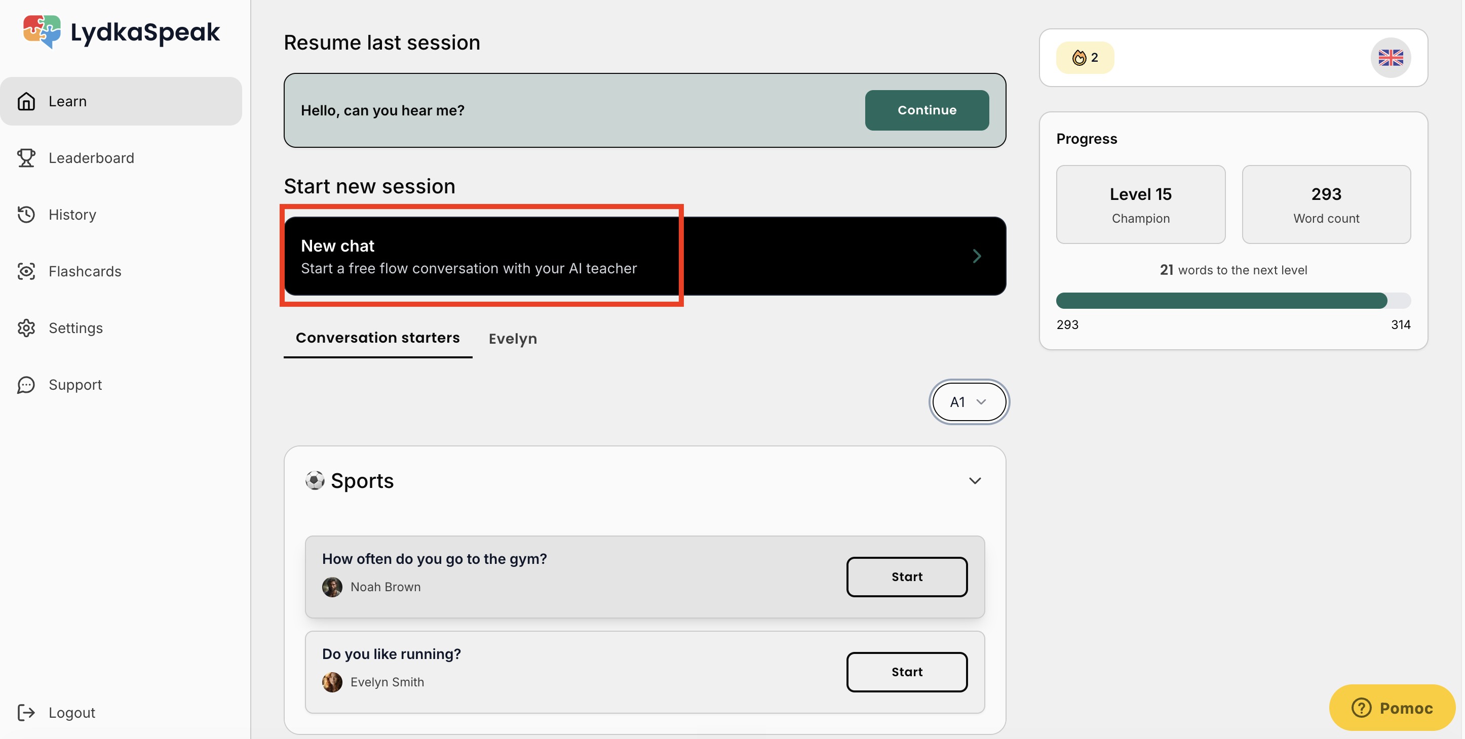 New chat tlačidlo na webe (= Free Talk)