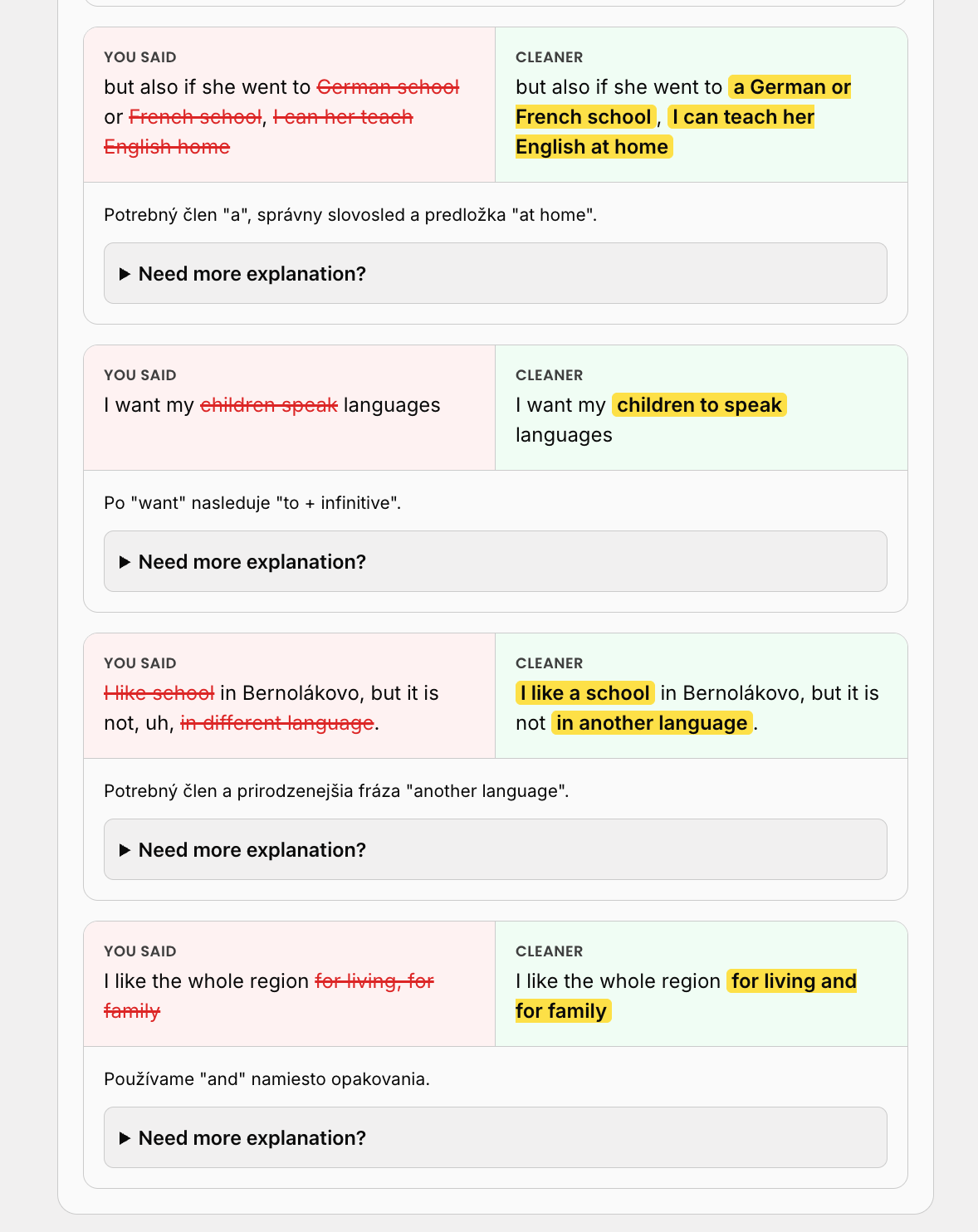 Opravy vo formáte You said / Cleaner s vysvetleniami