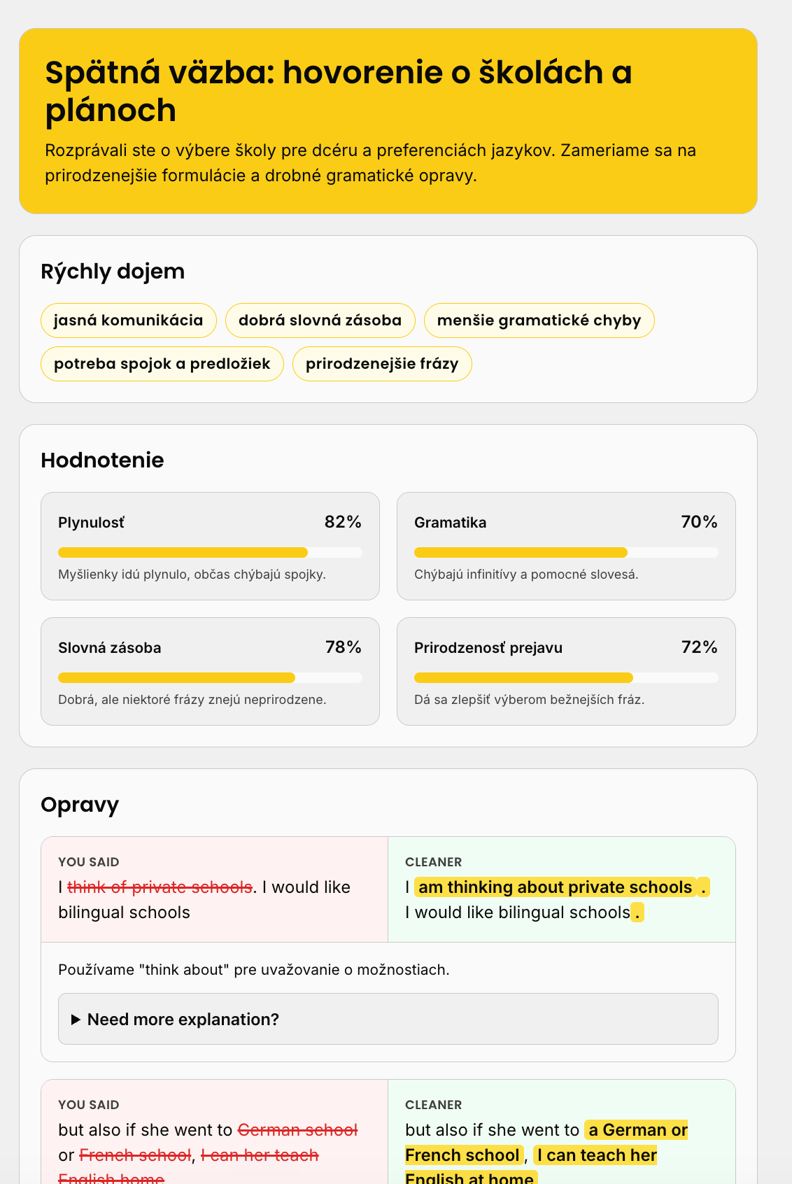 Úvod reportu — zhrnutie a percentá za plynulosť, gramatiku, slovnú zásobu a prirodzenosť