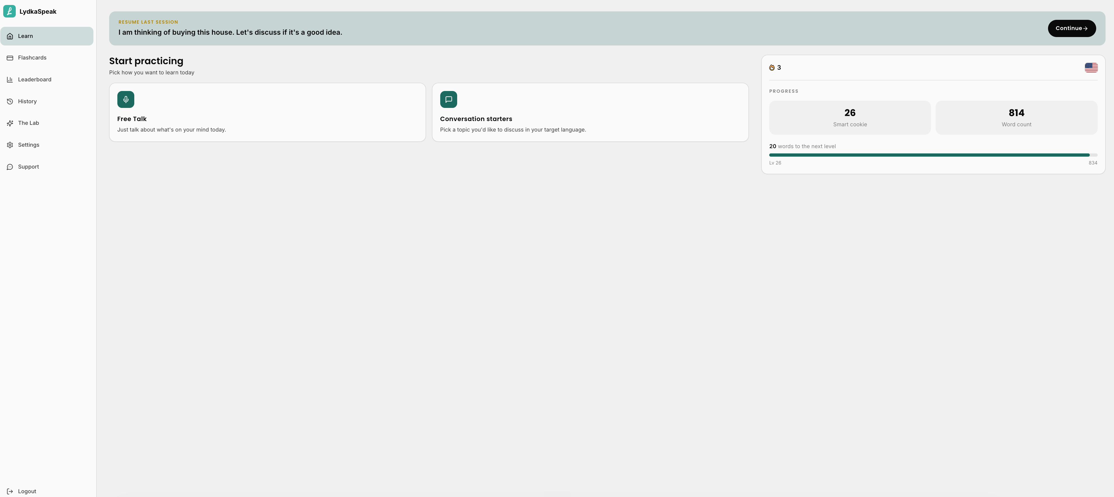 Úvodná obrazovka Learn na webe — karty Free Talk a Conversation starters