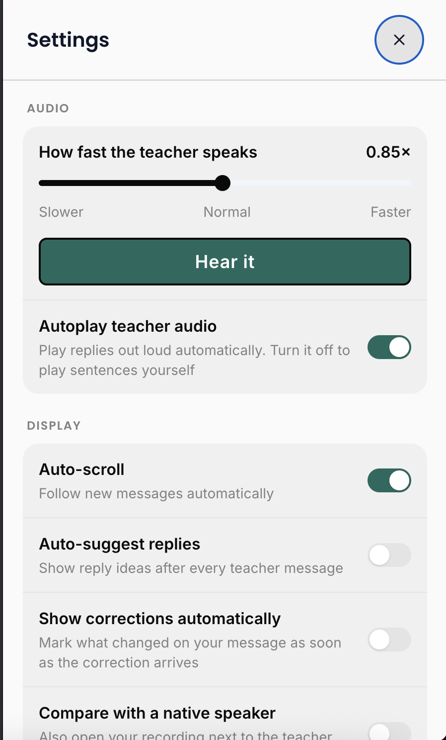Settings panel — posuvník How fast the teacher speaks, tlačidlo Hear it a prepínač Autoplay teacher audio