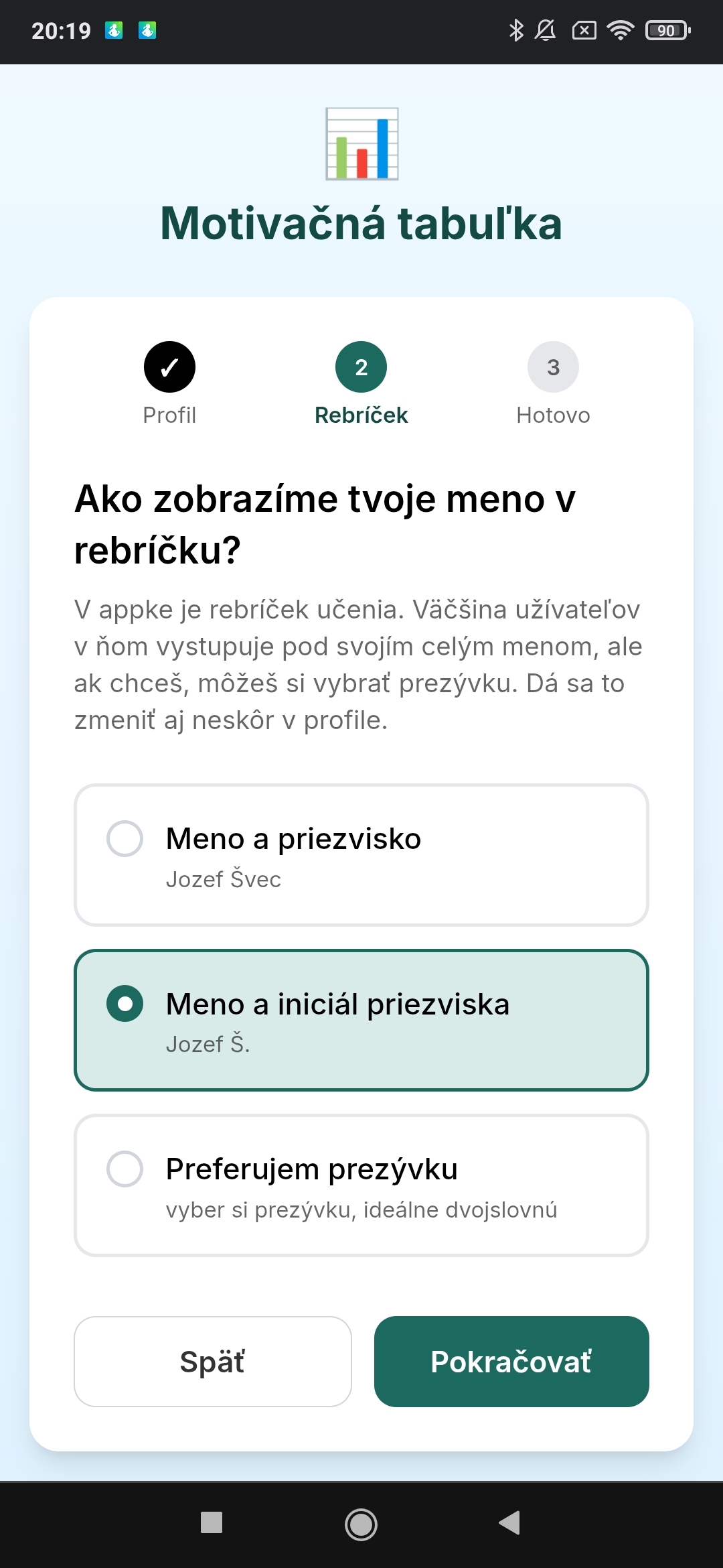 Krok 2 Rebríček na mobile