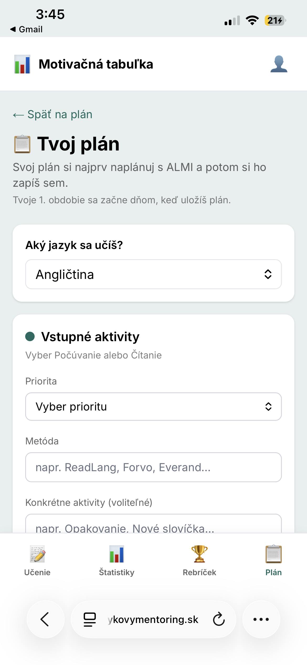 Záložka Plán na mobile