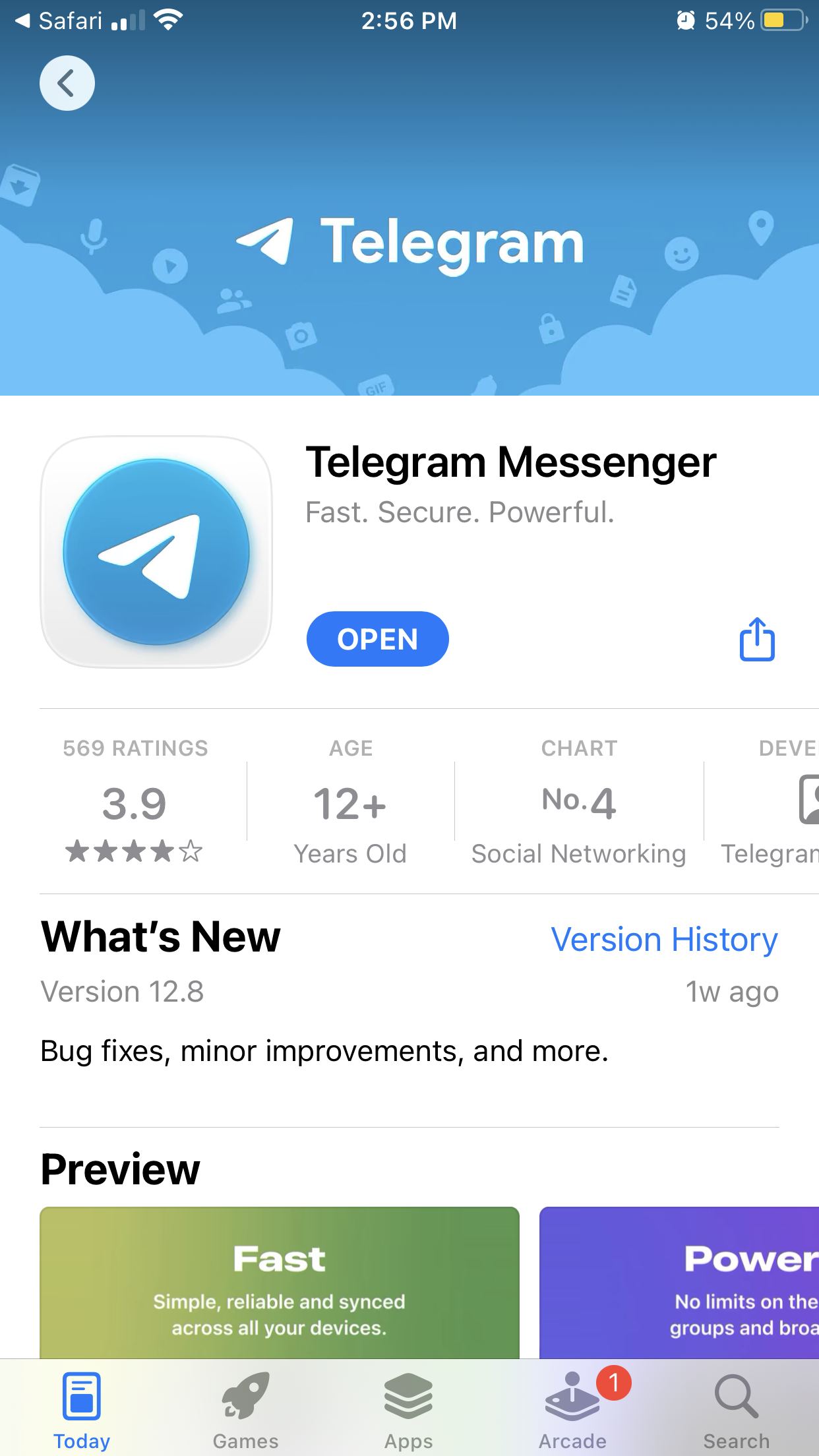 App Store — tlačidlo OPEN po stiahnutí