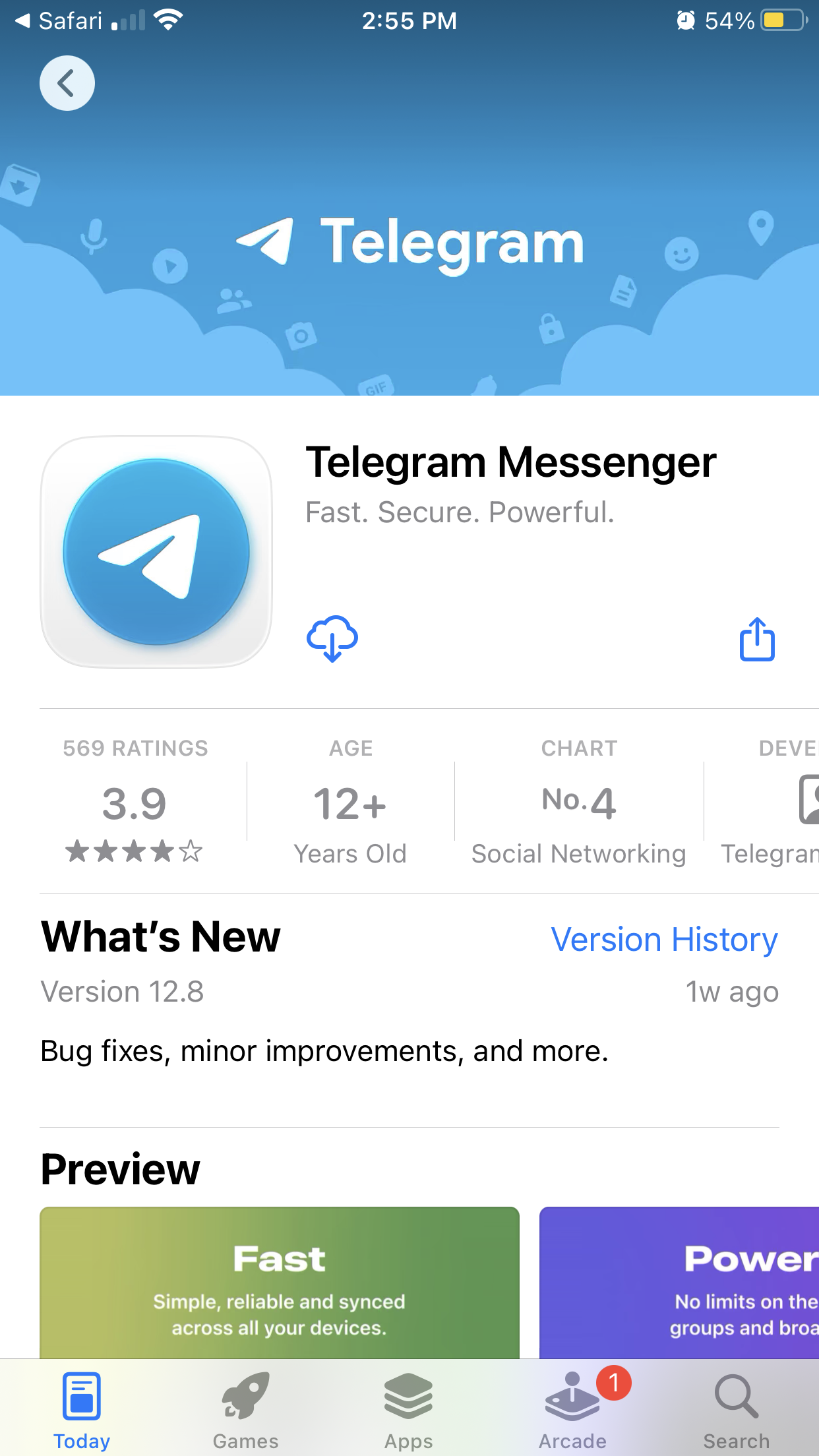 Telegram Messenger v App Store — tlačidlo Get / oblak