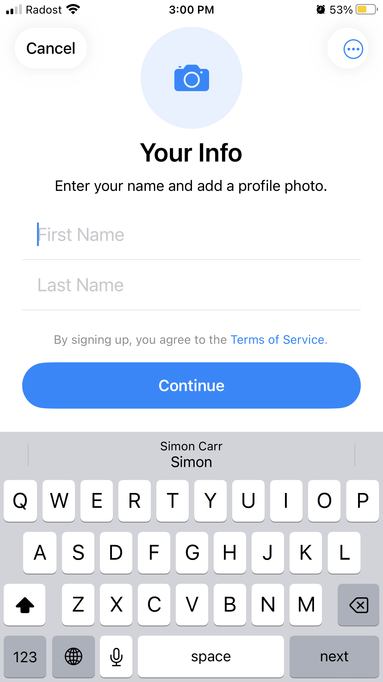 Your Info — zadanie mena a profilovej fotky