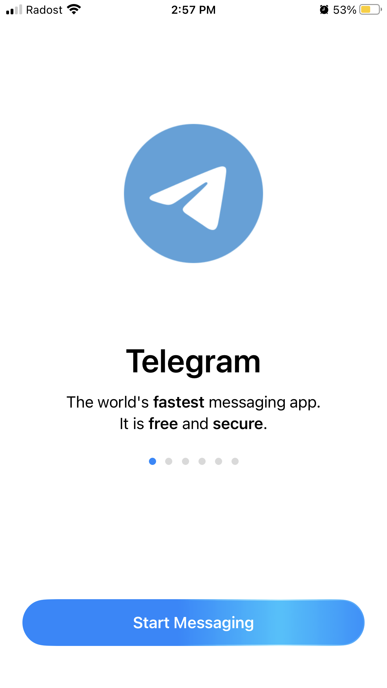 Telegram uvítacia obrazovka — Start Messaging