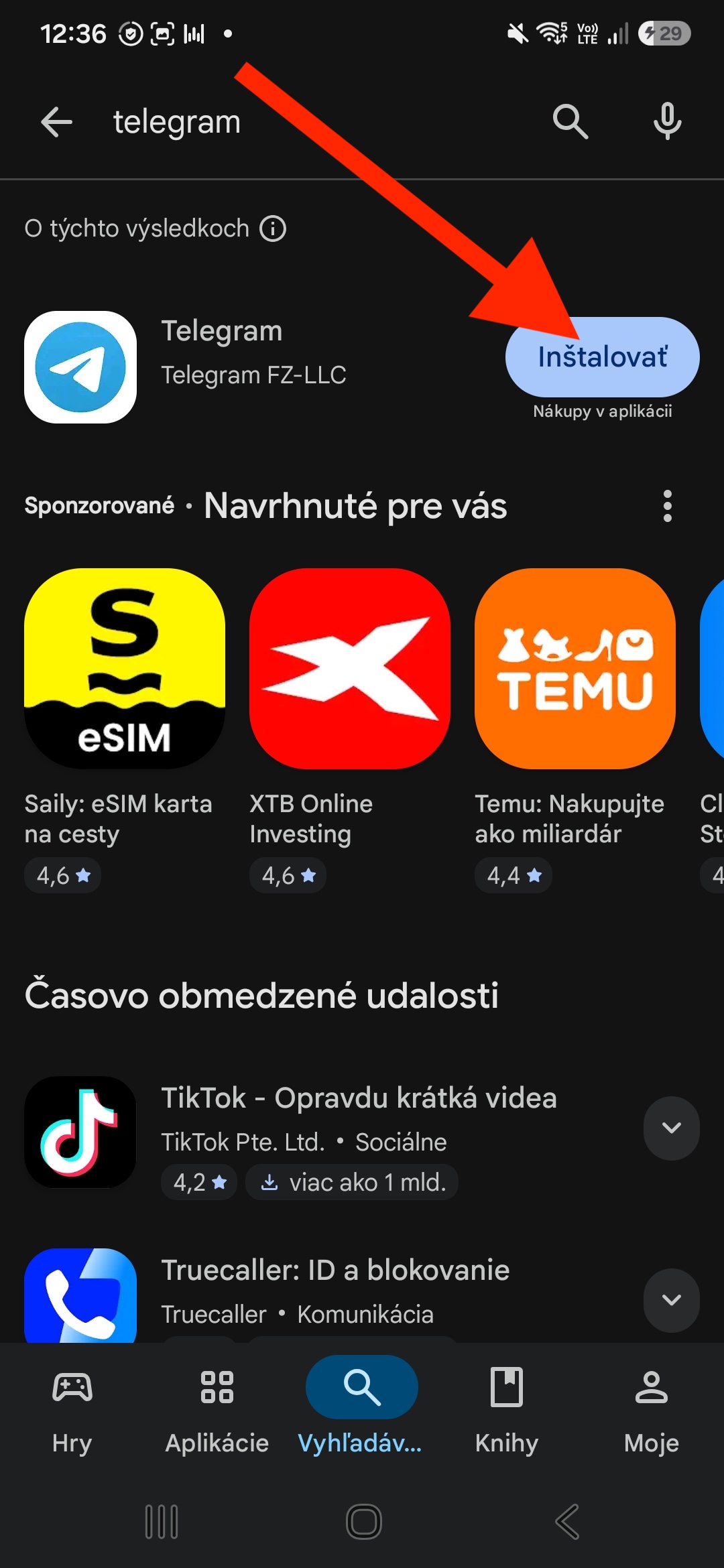 Play Store — Telegram a tlačidlo Inštalovať