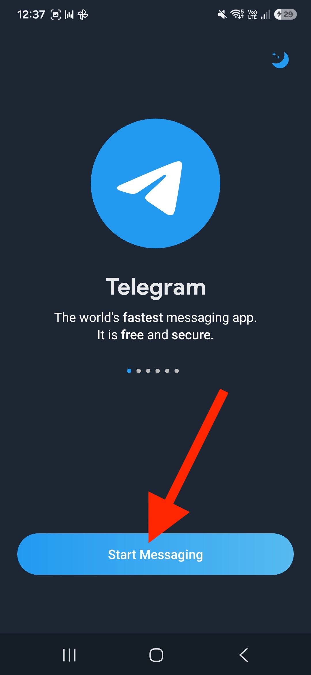 Telegram úvodná obrazovka — Start Messaging