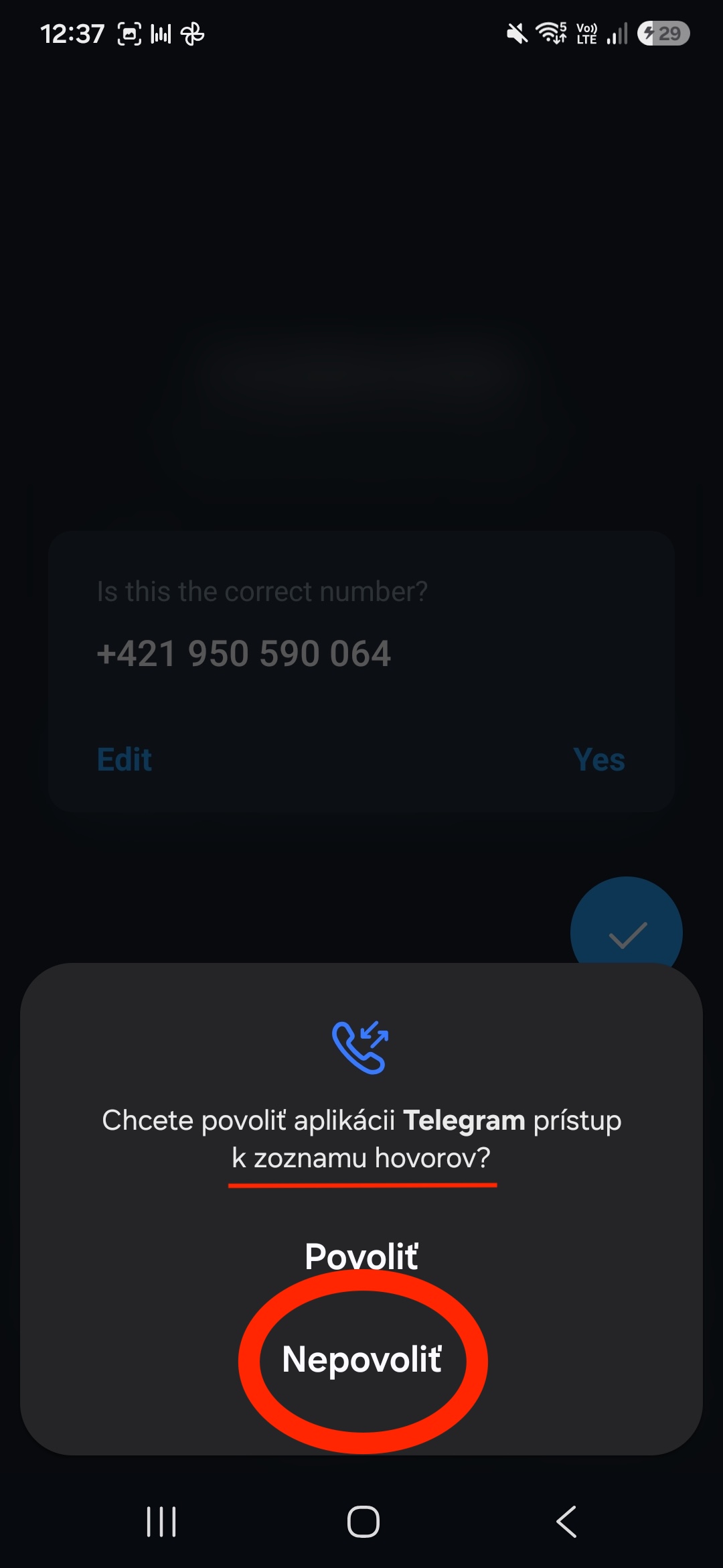 Chcete povoliť Telegram prístup k zoznamu hovorov? — Nepovoliť